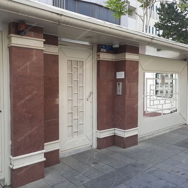 red granite stone on facade