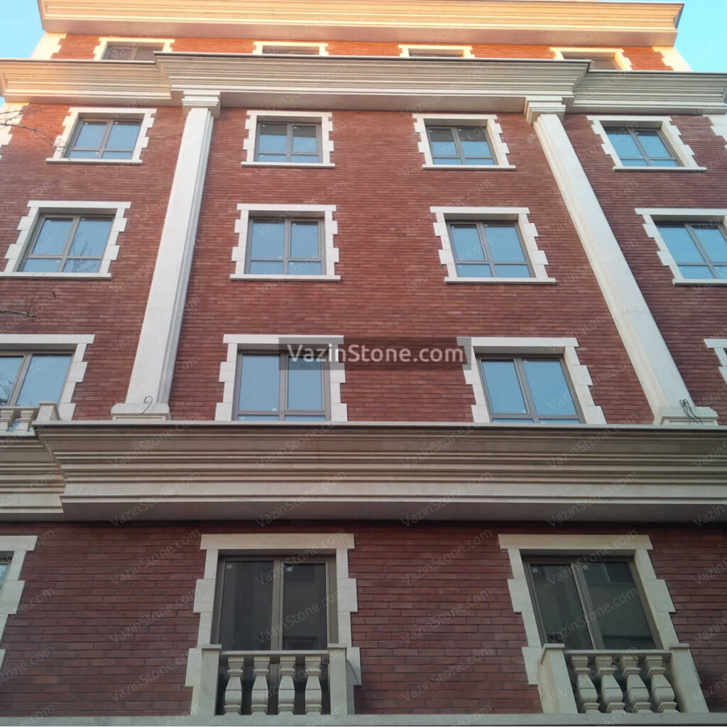 travertine and brick combination on building facade