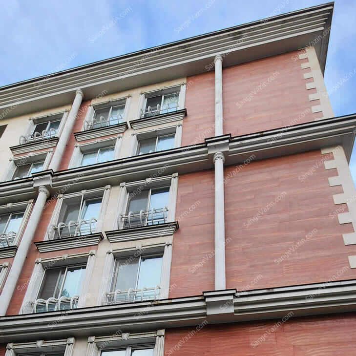 Red travertine stone on facade