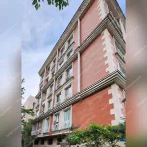Red travertine stone on facade