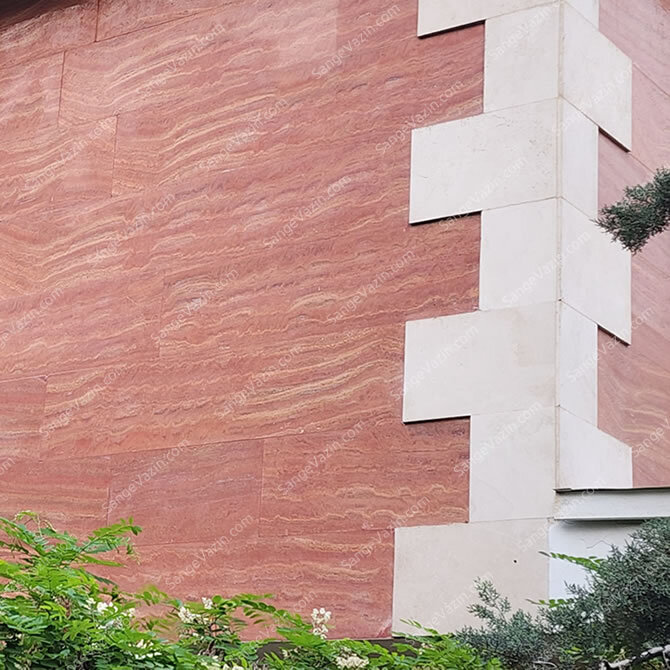 Red travertine stone on facade