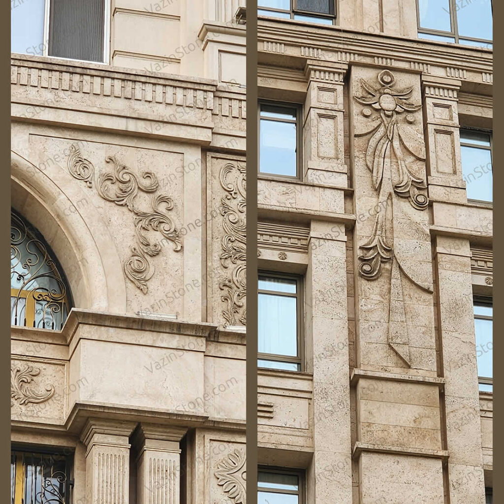 travertine stonemasonry flower craft on facade