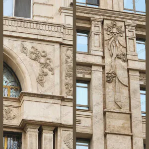 travertine stonemasonry flower craft on facade