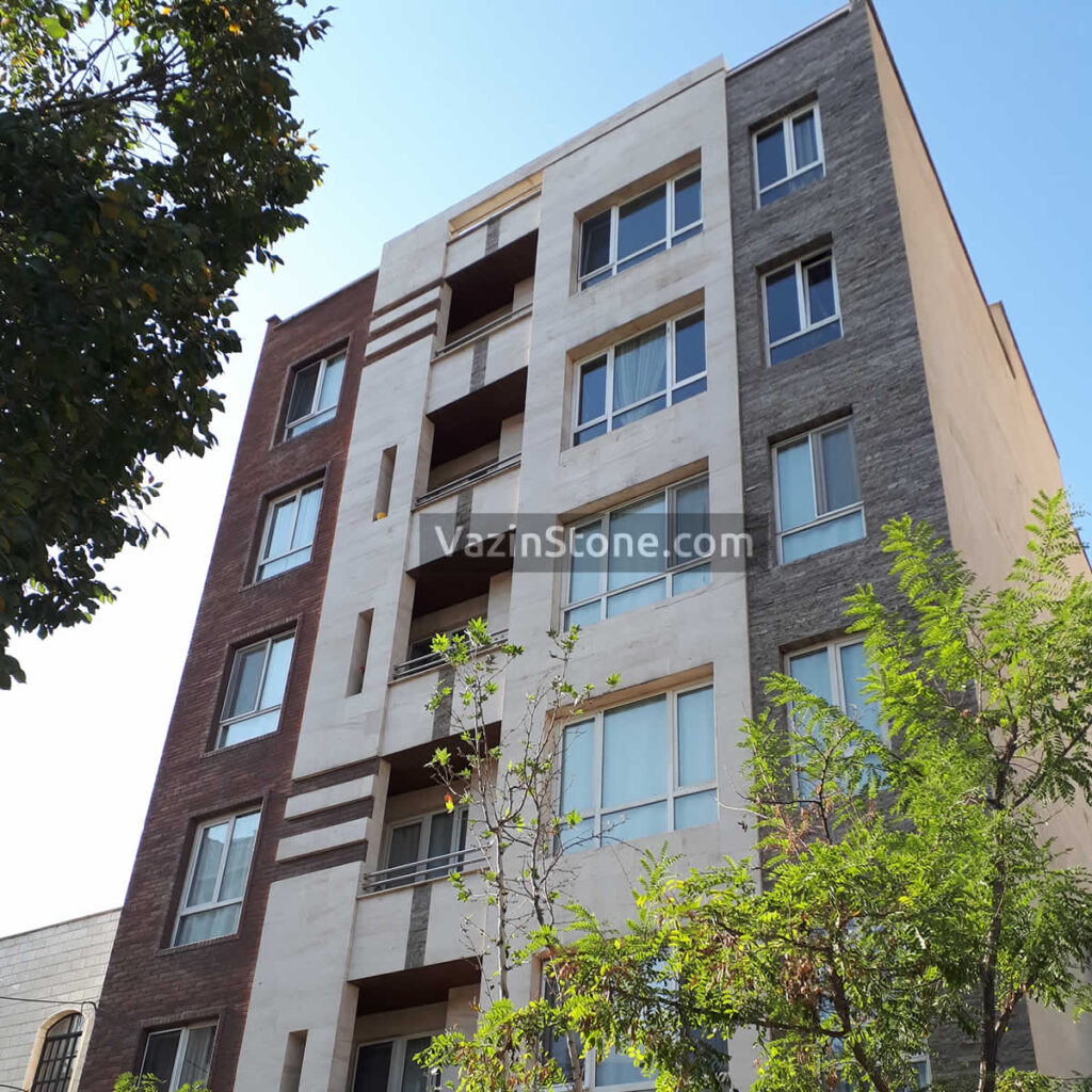 travertine, brick and stacked stone on facade