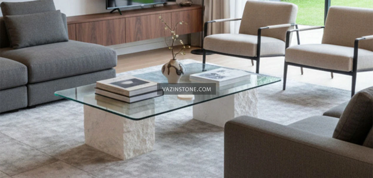 Cubic stone coffee table in a living room