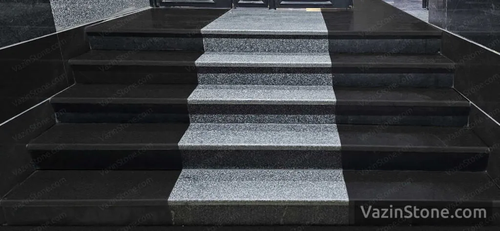 Black granite stone at the entrance of the building in the outer space