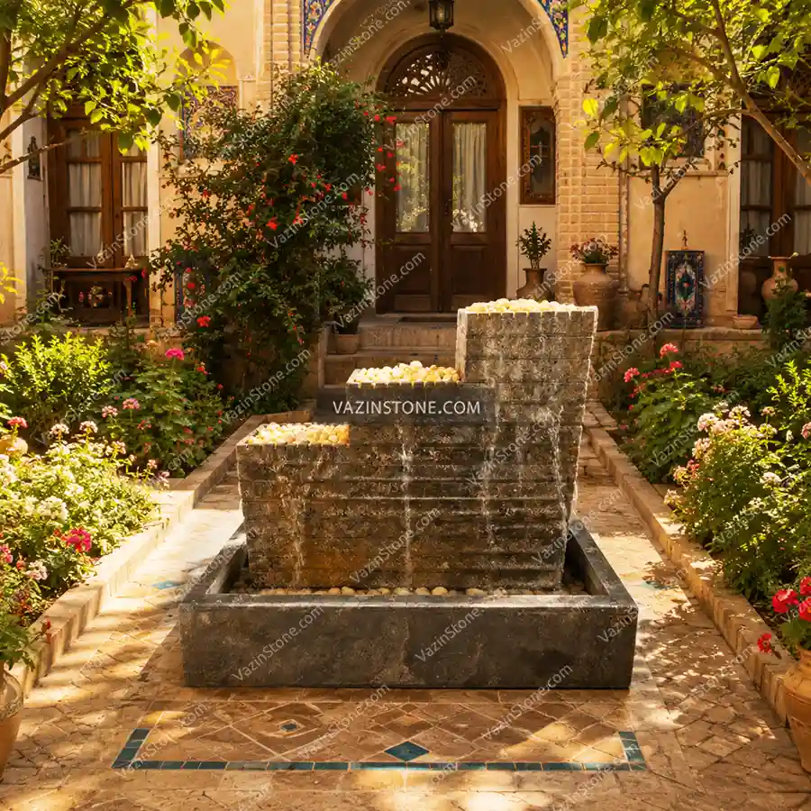 Three tak fountain in a yard