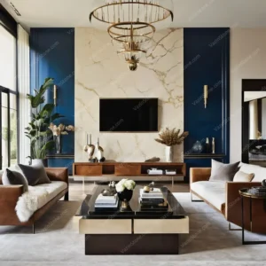 Cream marble slab stone on TV wall