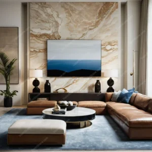 Cream marble slab stone on TV wall