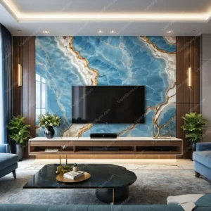 Blue onyx slab stone on TV wall Picture
