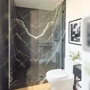 Black book-matched slab as bathroom stone picture
