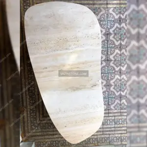 Top-view photo of the natural texture of travertine stone tabletop Yashin coffee table's stone top