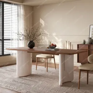 Wooden dining table with a stone top