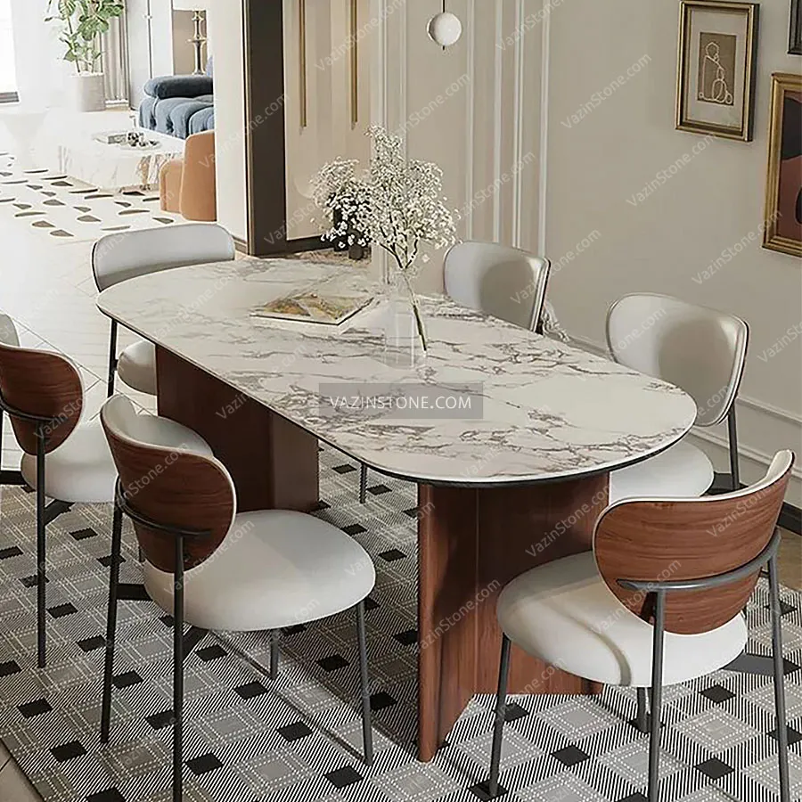 Wooden dining table with a stone top