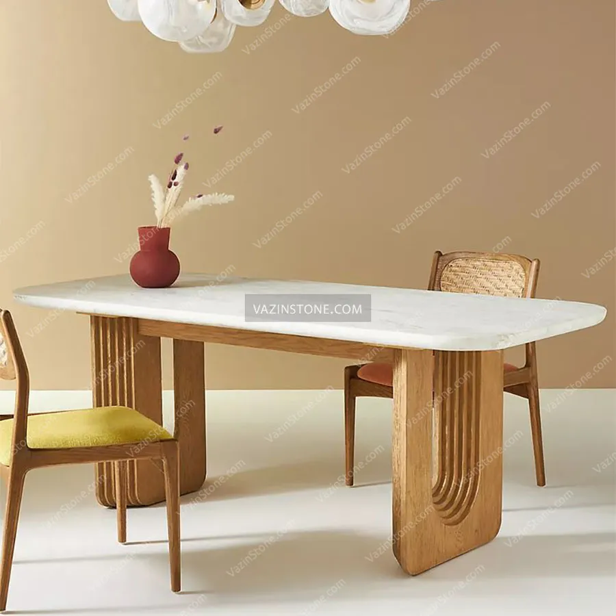 Wooden dining table with a stone top