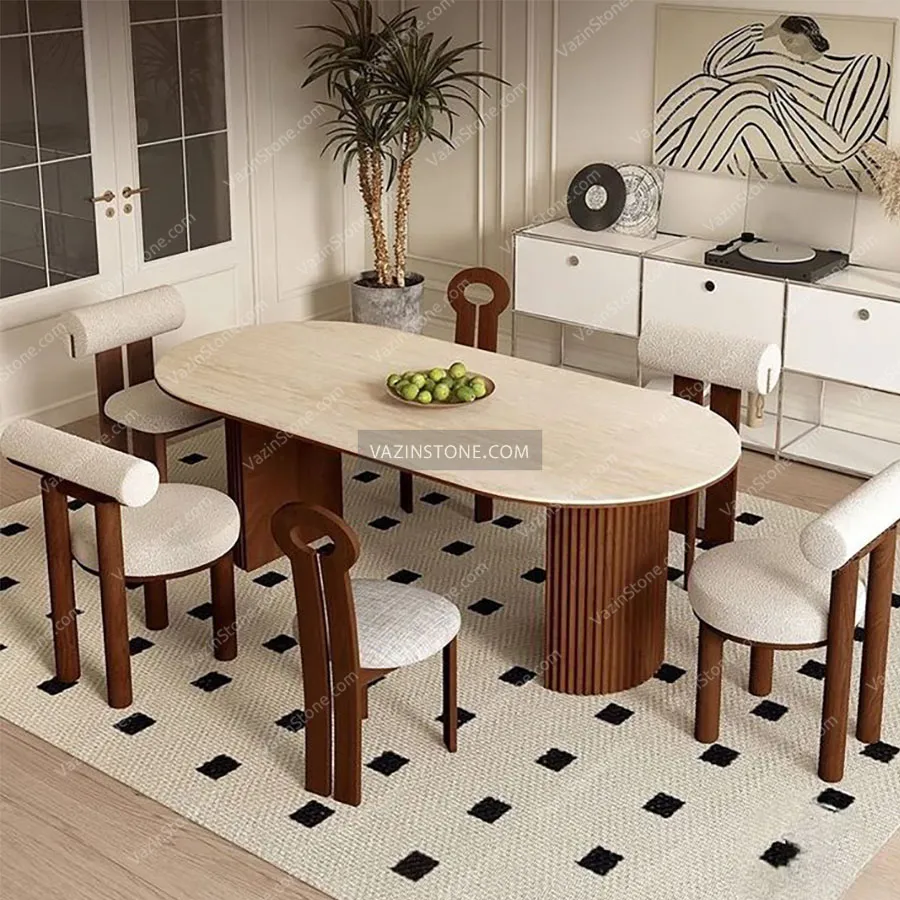 Wooden dining table with a stone top