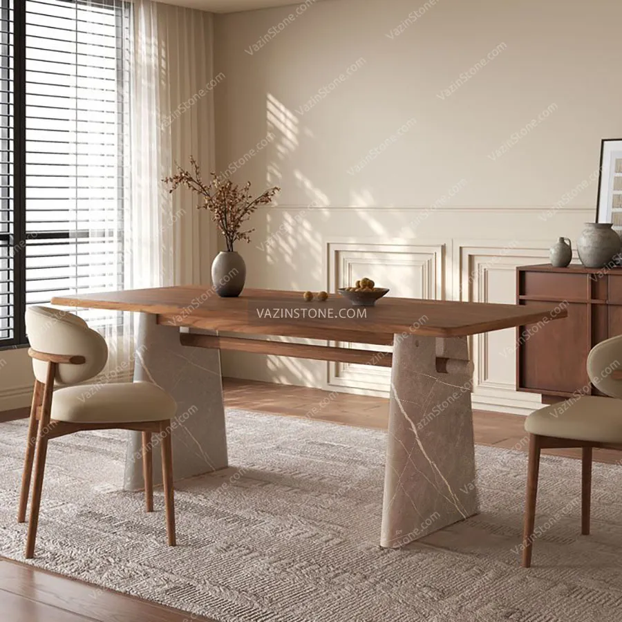 Wooden dining table with a stone top