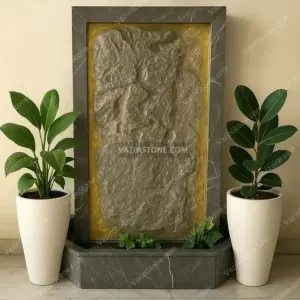 Rocky stone fountain with two flower pots