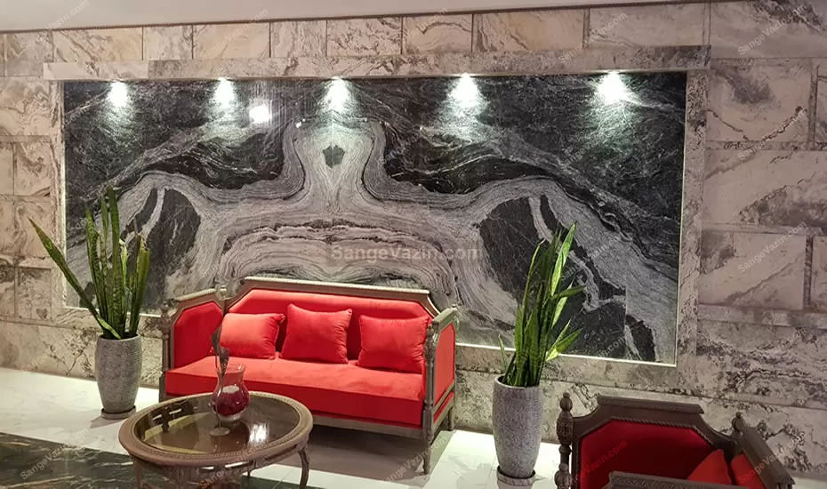 book matched slab stone lobby wall