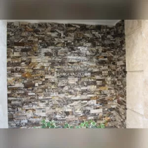 cream brown stacked stone on entrance wall